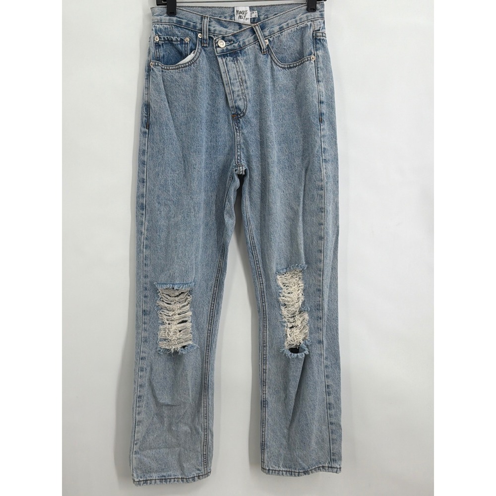 Princess Polly Asymmetric Waist Distressed Straight Leg Jeans Light Wash Blue 4‎